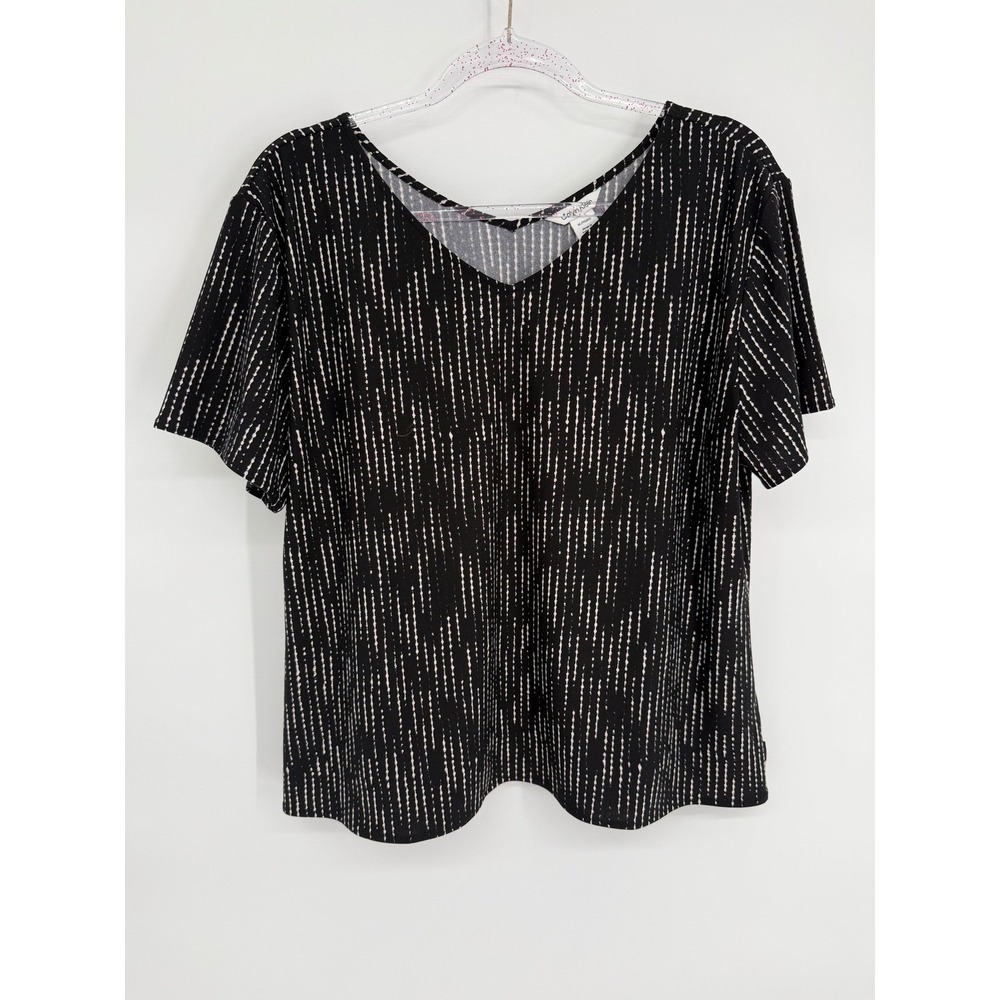 Calvin Klein Womens Black White Vertical Dash Print V-Neck Short Slv Top Sz XL